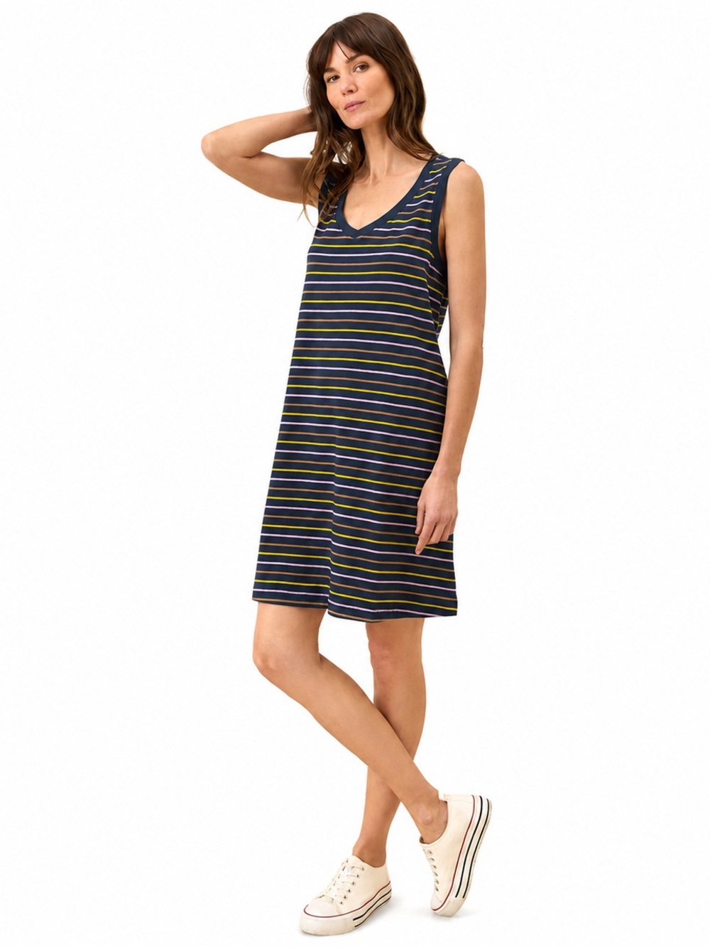 Striped Sleeveless V-Neck Dress in Navy